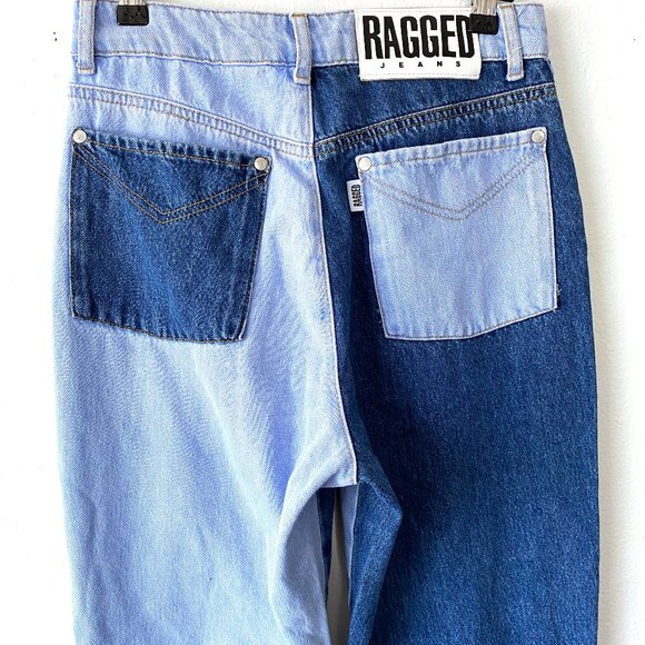 Patchwork Frayed Jeans Two Tone Denim 28 Inch Waist Jeans Trendy Y2k Grunge Punk - Picture 7 of 10